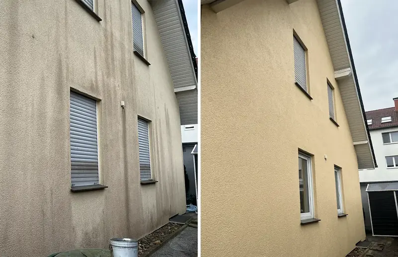 Hauswand mit Rollläden in Bielefeld, links grau verschmutzt, rechts nach der Reinigung gelb