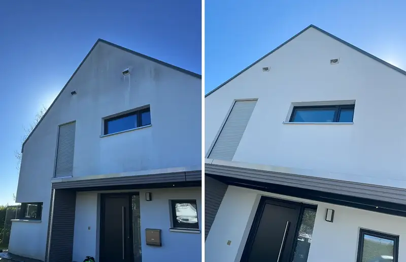 Modernes Haus mit Pultdach in Bielefeld, links vor und rechts nach der Reinigung