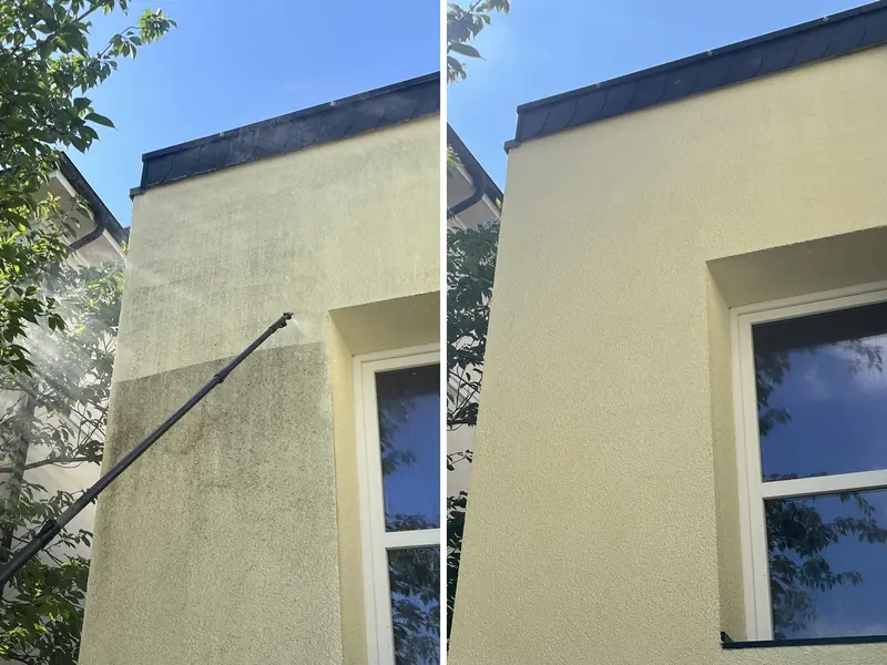 Gelbe Putzfassade, links während der Reinigung mit der Teleskoplanze, rechts nach der Reinigung